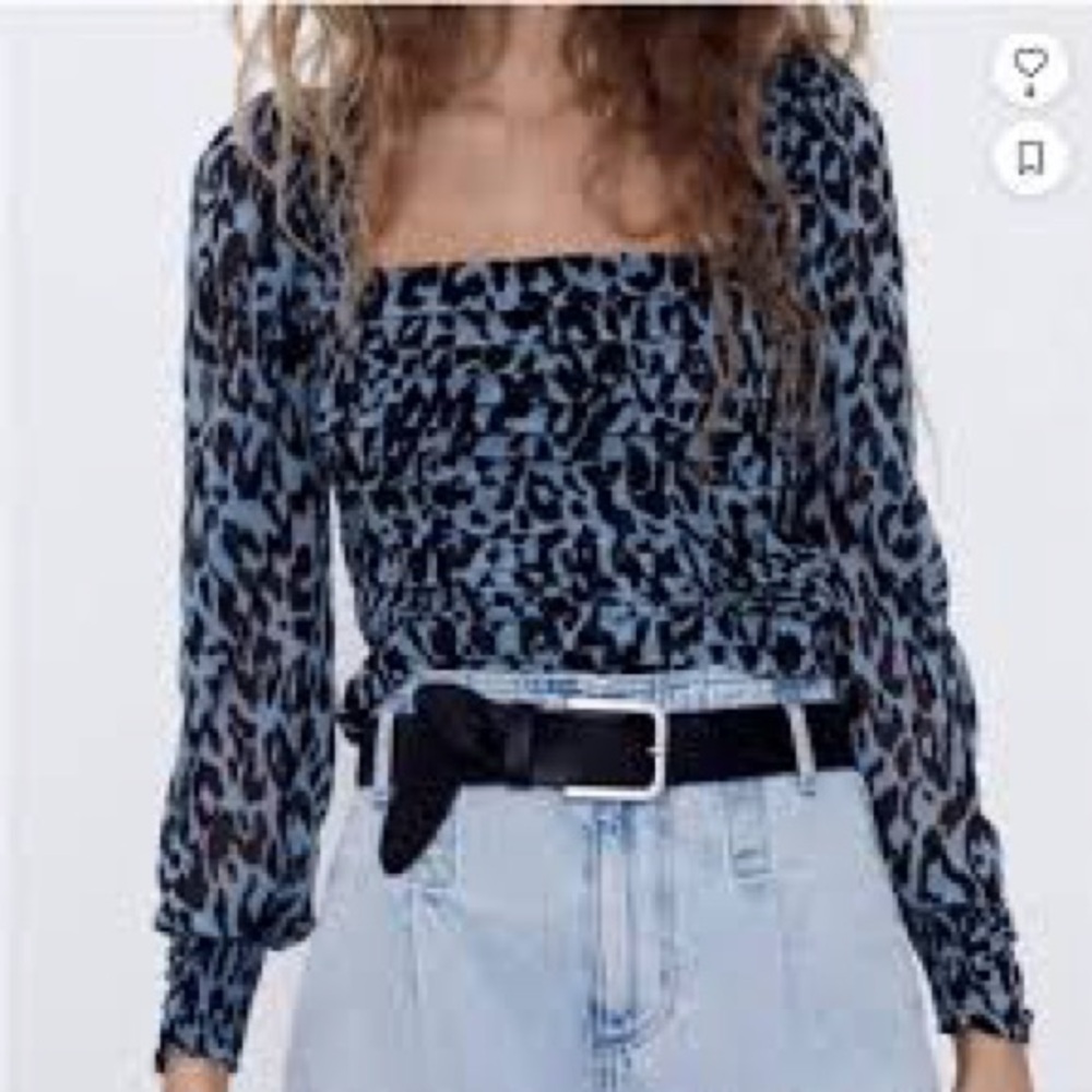 Zara Blue Leopard Print Square Neck Long Sleeve Top Size Small Going Out Top
